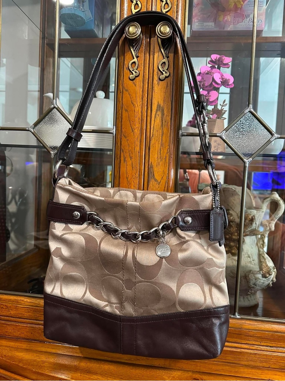 Coach Beige Signature Canvas and Dark Brown Leather Shoulder Bag